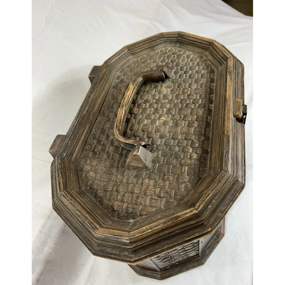 Vintage Lerner Faux Wood Wicker Sewing Box Plastic Basket Weave Storage Craft Ca
